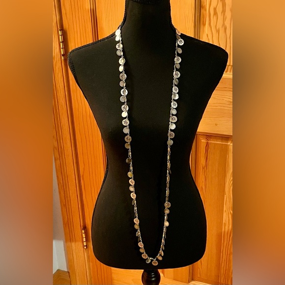 Elegant Silver Toned Sand Dollar and Abalone Like Shining Coin 52” Necklace Gift - Picture 3 of 14